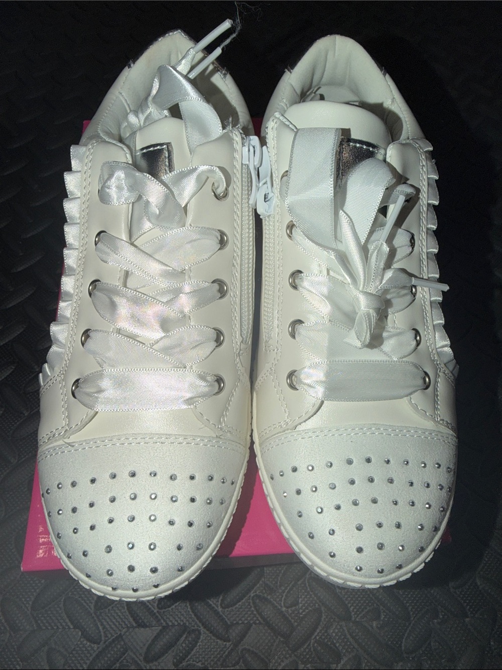 Women's White Satin-Lace Sneakers with Stud Accents